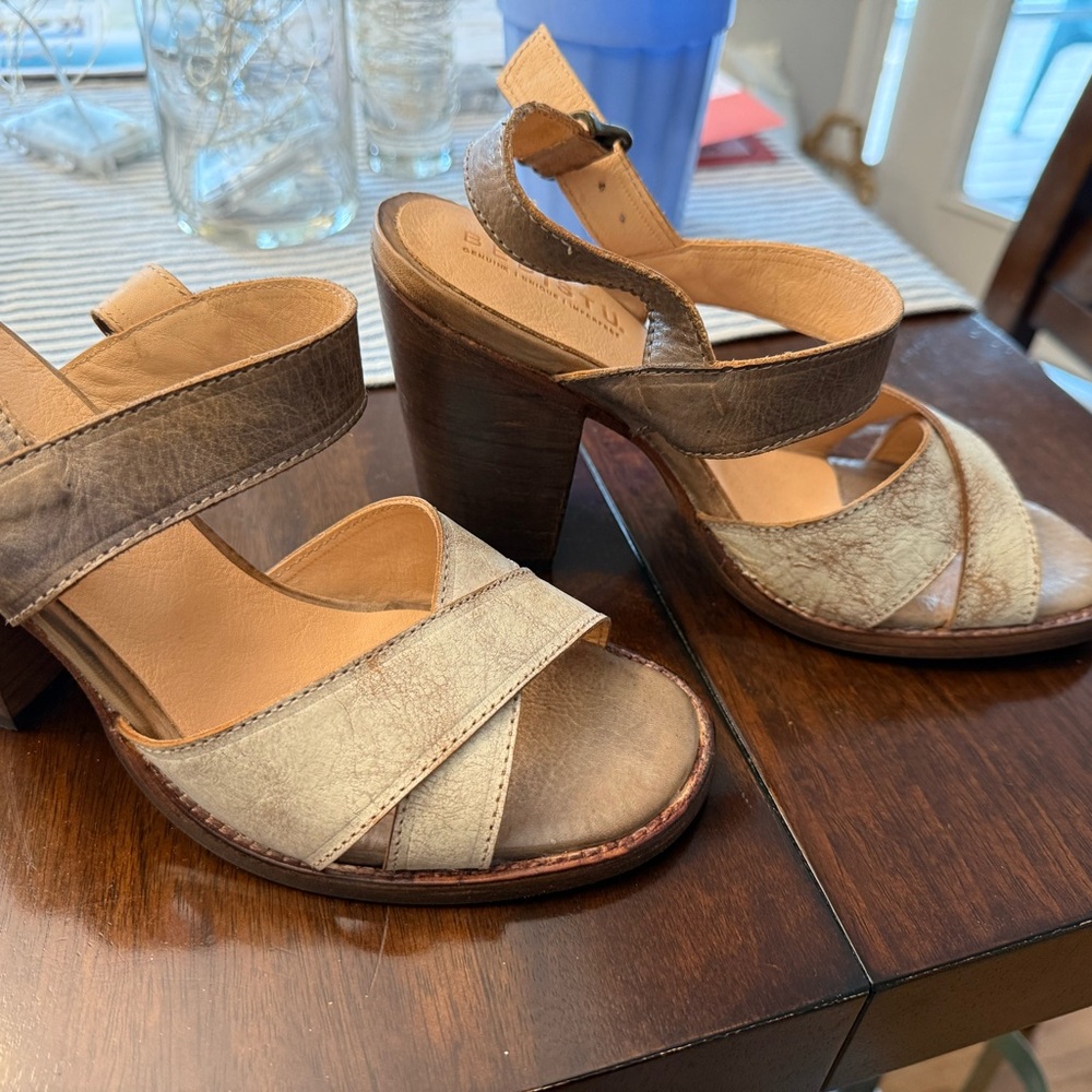 Bed Stu Tan and Brown Leather Heels